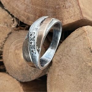 Vintage Hand Made and Etched Silver and 18k Gold with 3 Little Diamonds.